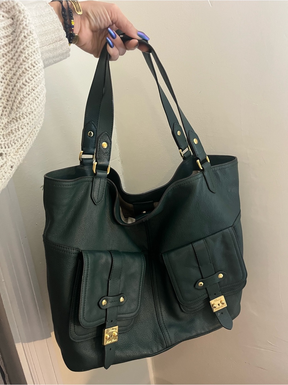 Ralph Lauren Green Leather Cargo Utility Tote Handbag Gold Hardware